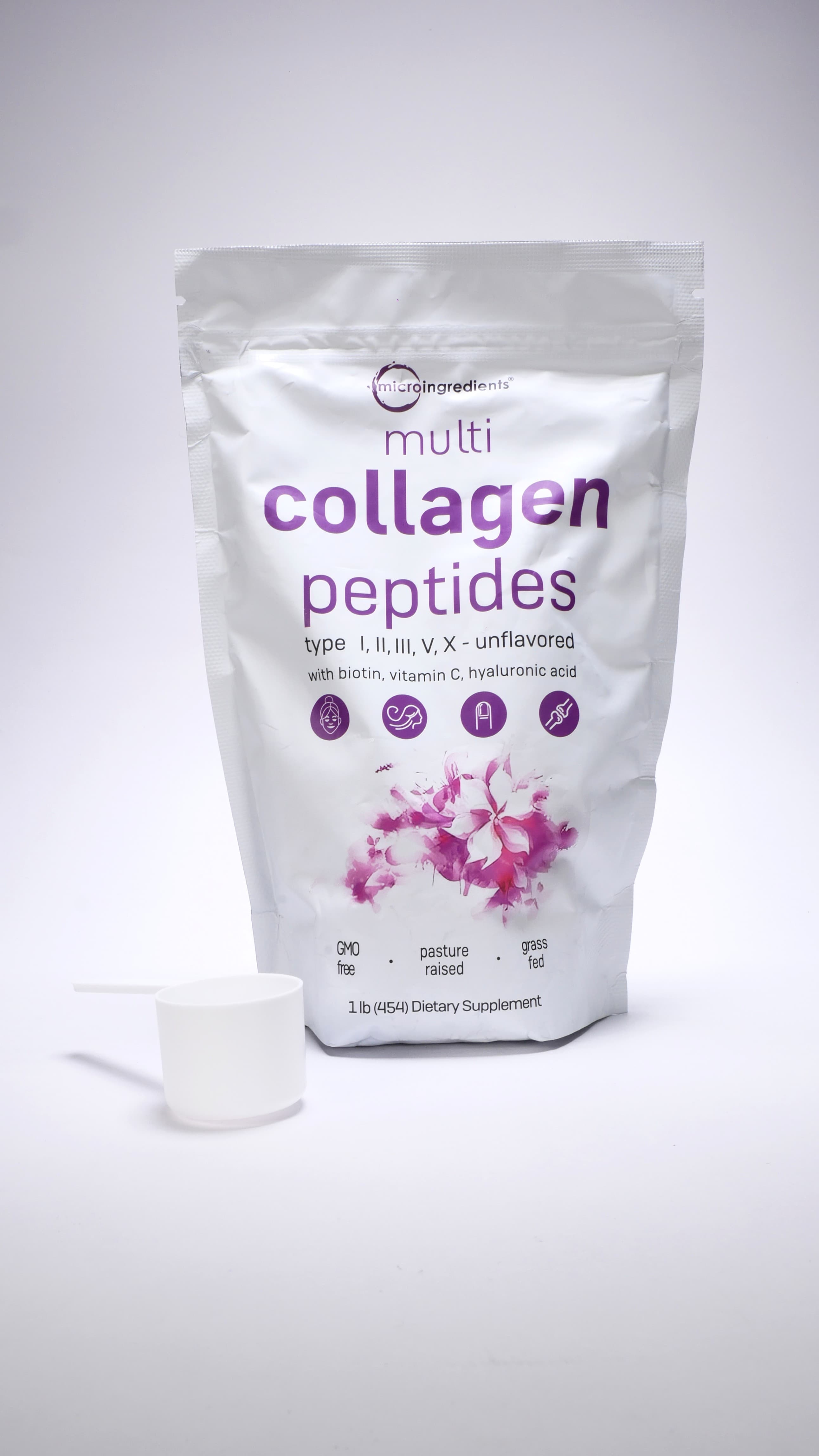 Multi Collagen Peptides en polvo · colágeno tipos I, II, III, V y X con biotina · 454 g