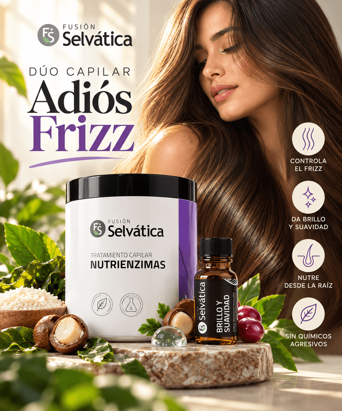 Fusión Selvática · Dúo capilar Adiós Frizz · tratamiento + ampolleta